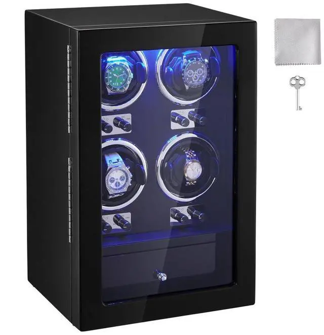 Main image of VEVOR Watch Winder, Watch Winder for 4 Men's and Women's Automatic Watches, with 4 Super Quiet Japanese Mabuchi Motors, Blue LED Light and Adapter, High-Density Board Shell and Black PU