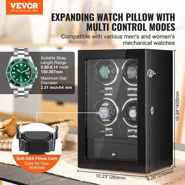 Alt view image 2 of 7 - VEVOR Watch Winder, Watch Winder for 4 Men's and Women's Automatic Watches, with 4 Super Quiet Japanese Mabuchi Motors, Blue LED Light and Adapter, High-Density Board Shell and Black PU