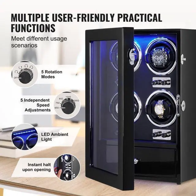 Alt view image 5 of 7 - VEVOR Watch Winder, Watch Winder for 4 Men's and Women's Automatic Watches, with 4 Super Quiet Japanese Mabuchi Motors, Blue LED Light and Adapter, High-Density Board Shell and Black PU