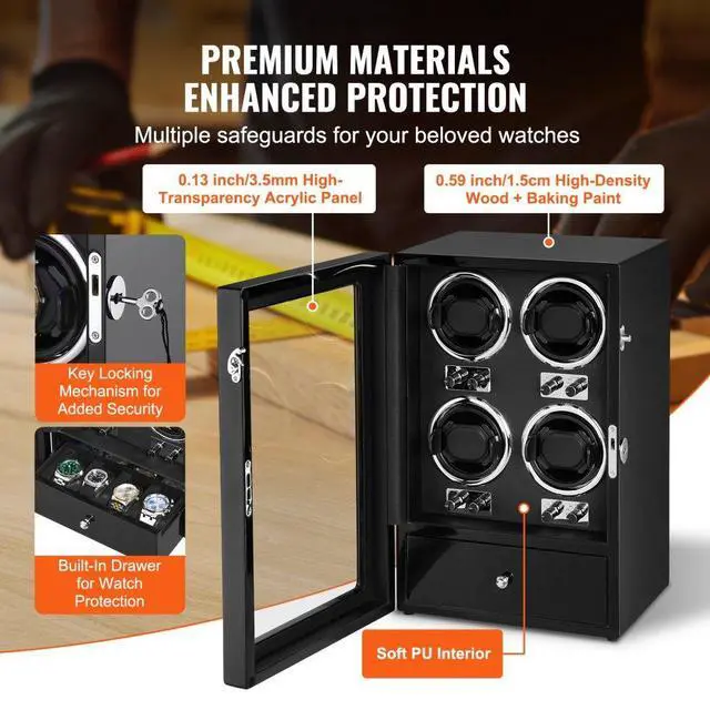 Alt view image 6 of 7 - VEVOR Watch Winder, Watch Winder for 4 Men's and Women's Automatic Watches, with 4 Super Quiet Japanese Mabuchi Motors, Blue LED Light and Adapter, High-Density Board Shell and Black PU