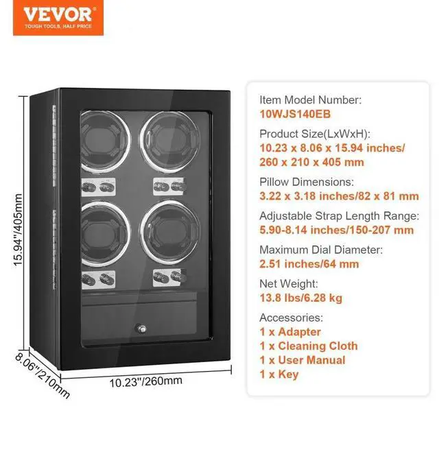 Alt view image 7 of 7 - VEVOR Watch Winder, Watch Winder for 4 Men's and Women's Automatic Watches, with 4 Super Quiet Japanese Mabuchi Motors, Blue LED Light and Adapter, High-Density Board Shell and Black PU