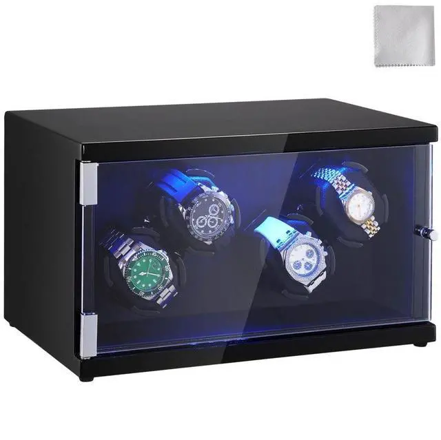 Main image of VEVOR Watch Winder, Watch Winder for 4 Men's and Women's Automatic Watches, with 2 Super Quiet Japanese Mabuchi Motors, Blue LED Light and Adapter, High-Density Board Shell and Black PU