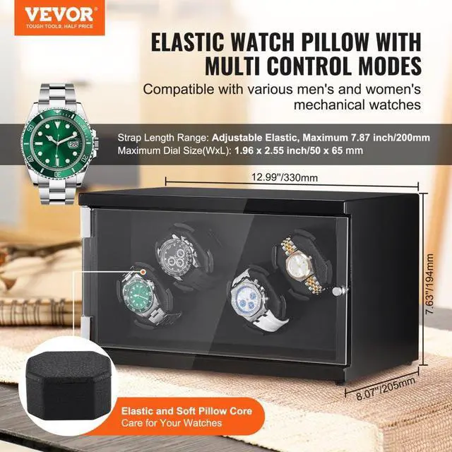 Alt view image 2 of 7 - VEVOR Watch Winder, Watch Winder for 4 Men's and Women's Automatic Watches, with 2 Super Quiet Japanese Mabuchi Motors, Blue LED Light and Adapter, High-Density Board Shell and Black PU