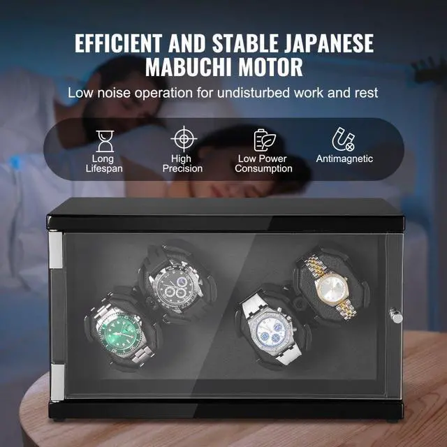 Alt view image 4 of 7 - VEVOR Watch Winder, Watch Winder for 4 Men's and Women's Automatic Watches, with 2 Super Quiet Japanese Mabuchi Motors, Blue LED Light and Adapter, High-Density Board Shell and Black PU
