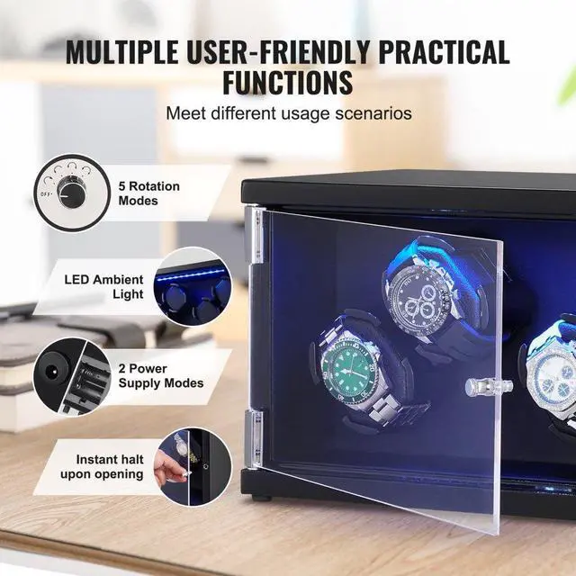 Alt view image 5 of 7 - VEVOR Watch Winder, Watch Winder for 4 Men's and Women's Automatic Watches, with 2 Super Quiet Japanese Mabuchi Motors, Blue LED Light and Adapter, High-Density Board Shell and Black PU