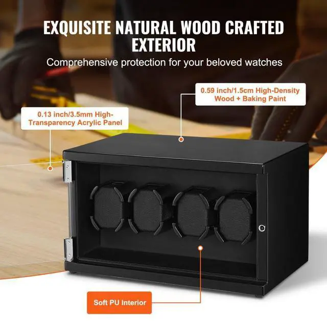 Alt view image 6 of 7 - VEVOR Watch Winder, Watch Winder for 4 Men's and Women's Automatic Watches, with 2 Super Quiet Japanese Mabuchi Motors, Blue LED Light and Adapter, High-Density Board Shell and Black PU