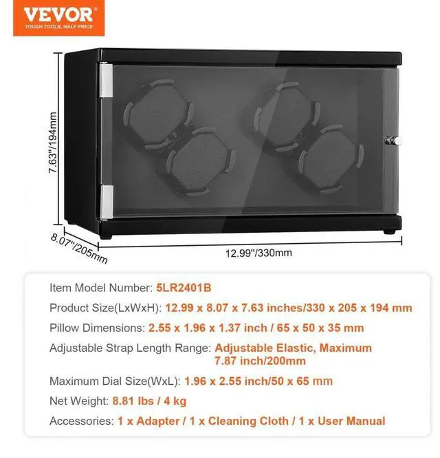 Alt view image 7 of 7 - VEVOR Watch Winder, Watch Winder for 4 Men's and Women's Automatic Watches, with 2 Super Quiet Japanese Mabuchi Motors, Blue LED Light and Adapter, High-Density Board Shell and Black PU