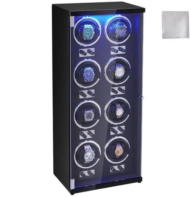 Main image of VEVOR Watch Winder, Watch Winder for 8 Men's and Women's Automatic Watches, with 8 Super Quiet Japanese Mabuchi Motors, Blue LED Light and Adapter, High-Density Board Shell and Black PU