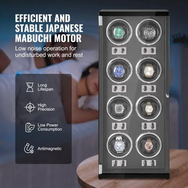 Alt view image 4 of 7 - VEVOR Watch Winder, Watch Winder for 8 Men's and Women's Automatic Watches, with 8 Super Quiet Japanese Mabuchi Motors, Blue LED Light and Adapter, High-Density Board Shell and Black PU