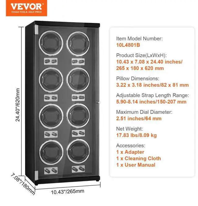 Alt view image 7 of 7 - VEVOR Watch Winder, Watch Winder for 8 Men's and Women's Automatic Watches, with 8 Super Quiet Japanese Mabuchi Motors, Blue LED Light and Adapter, High-Density Board Shell and Black PU