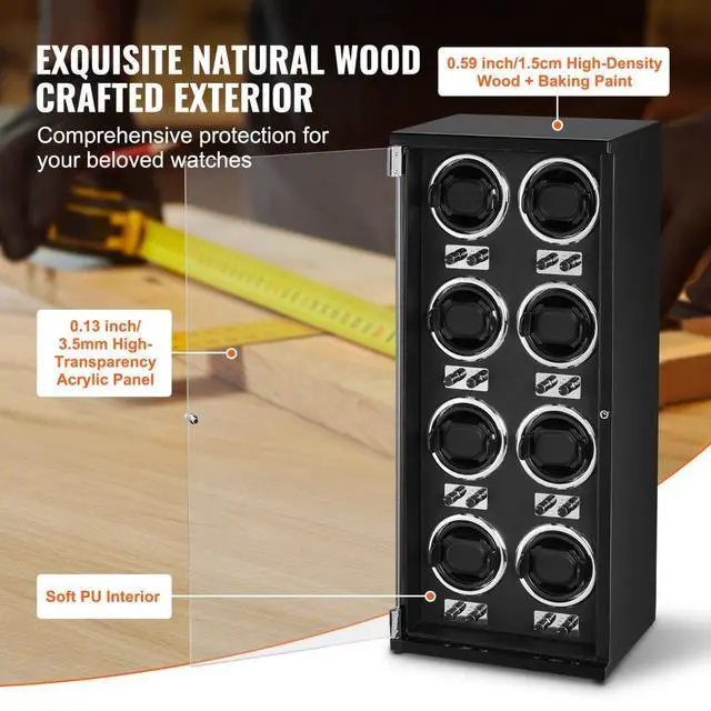 Alt view image 6 of 7 - VEVOR Watch Winder, Watch Winder for 8 Men's and Women's Automatic Watches, with 8 Super Quiet Japanese Mabuchi Motors, Blue LED Light and Adapter, High-Density Board Shell and Black PU