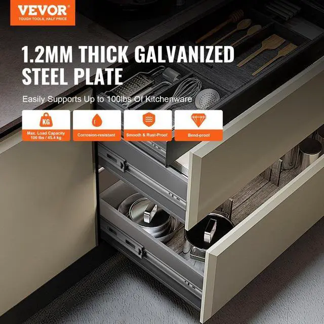 Alt view image 2 of 7 - VEVOR 10 Pairs of 20 Inch Drawer Slides Side Mount Rails, Heavy Duty Full Extension Steel Track, Soft-Close Noiseless Guide Glides Cabinet Kitchen Runners with Ball Bearing, 100 Lbs Load Capacity