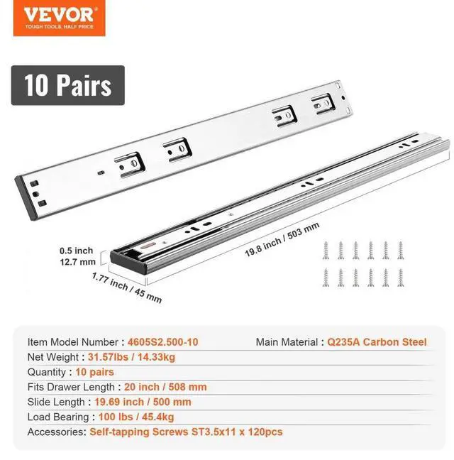 Alt view image 7 of 7 - VEVOR 10 Pairs of 20 Inch Drawer Slides Side Mount Rails, Heavy Duty Full Extension Steel Track, Soft-Close Noiseless Guide Glides Cabinet Kitchen Runners with Ball Bearing, 100 Lbs Load Capacity