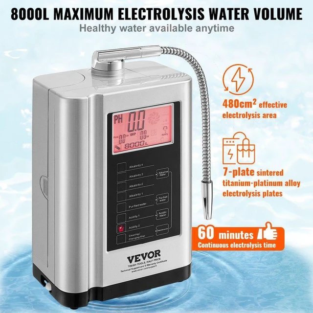Alt view image 3 of 14 - VEVOR Alkaline Water Ionizer Machine, pH 3.5-10.5 Alkaline Acidic Hydrogen Water Purifier, 7 Water Settings Home Filtration System, Up to -650mV ORP, 8000L Per Filter, Auto-Cleaning, White