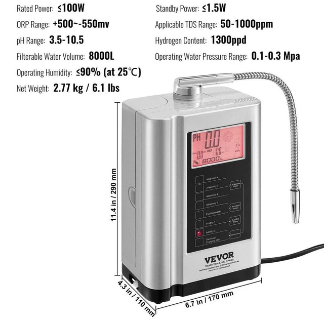 Alt view image 7 of 14 - VEVOR Alkaline Water Ionizer Machine, pH 3.5-10.5 Alkaline Acidic Hydrogen Water Purifier, 7 Water Settings Home Filtration System, Up to -650mV ORP, 8000L Per Filter, Auto-Cleaning, White