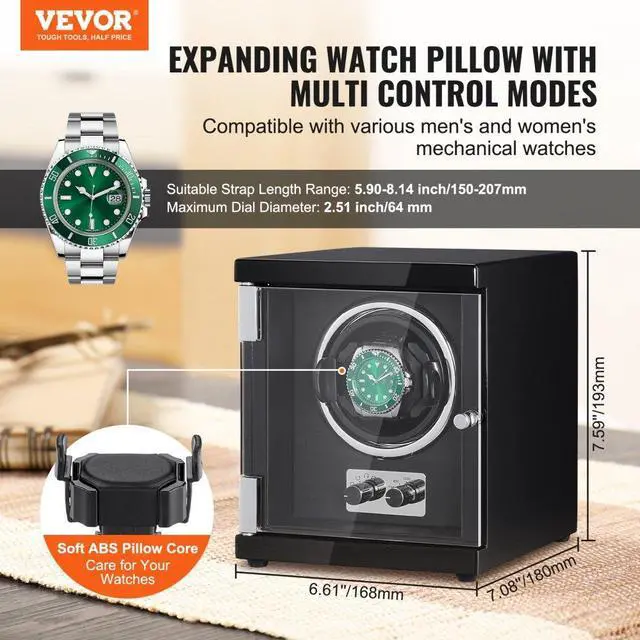 Alt view image 2 of 7 - VEVOR Watch Winder, Single Watch Winder for Men's and Women's Automatic Watch, with Super Quiet Japanese Mabuchi Motor, Blue LED Light and Adapter, High-Density Board Shell and Black PU