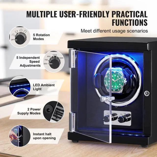 Alt view image 5 of 7 - VEVOR Watch Winder, Single Watch Winder for Men's and Women's Automatic Watch, with Super Quiet Japanese Mabuchi Motor, Blue LED Light and Adapter, High-Density Board Shell and Black PU