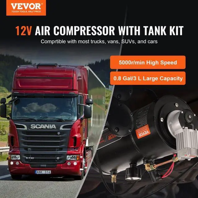 Alt view image 2 of 7 - VEVOR 12V Air Compressor with Tank 0.8 Gallon/3 L, Train Horn Air Compressor, 120 psi Working Pressure Onboard Air Compressor System for Train Air Horns, Inflating Tires, Air Mattresses