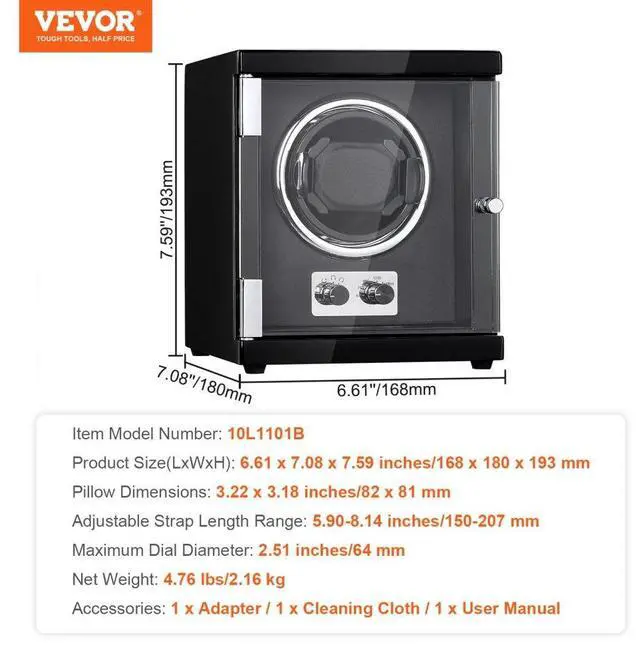Alt view image 7 of 7 - VEVOR Watch Winder, Single Watch Winder for Men's and Women's Automatic Watch, with Super Quiet Japanese Mabuchi Motor, Blue LED Light and Adapter, High-Density Board Shell and Black PU