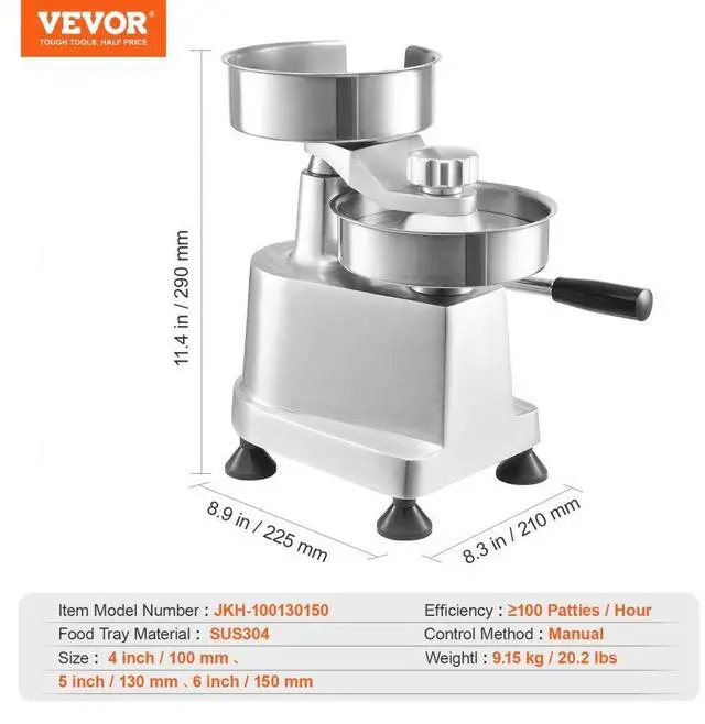 Alt view image 8 of 15 - VEVOR Commercial Burger Patty Maker  Hamburger Beef Patty Maker with 3 Convertible Mold(4/5/6-inch)  Heavy Duty Stainless Steel Burger Press Machine  Meat Forming Processor with 1500 Pcs Patty Papers