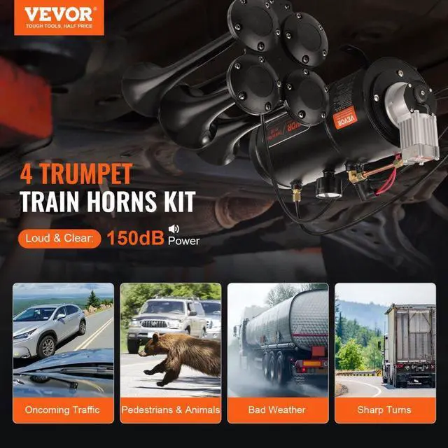 Alt view image 2 of 7 - VEVOR Train Horns Kit, 4 Trumpet Air Horn Kit, 150dB Train Horns for Pickup Trucks, 12V 120 psi Air Compressor 0.8 Gal/3 L Tank with Gauge for Any 12V Vehicle Car Truck Train Van Boat