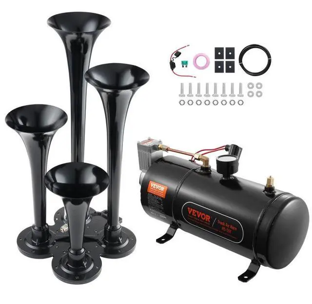 Main image of VEVOR Train Horns Kit, 4 Trumpet Air Horn Kit, 150dB Train Horns for Pickup Trucks, 12V 120 psi Air Compressor 0.8 Gal/3 L Tank with Gauge for Any 12V Vehicle Car Truck Train Van Boat