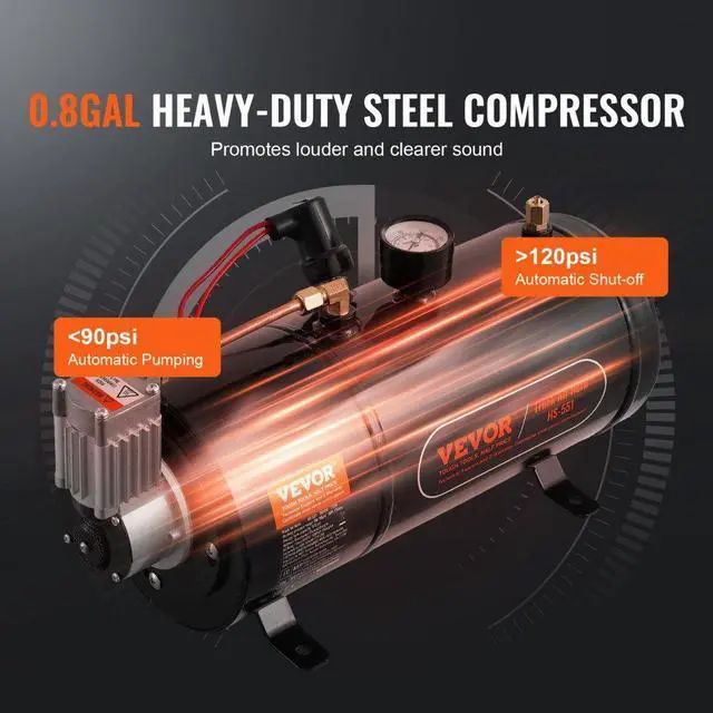 Alt view image 3 of 7 - VEVOR Train Horns Kit, 4 Trumpet Air Horn Kit, 150dB Train Horns for Pickup Trucks, 12V 120 psi Air Compressor 0.8 Gal/3 L Tank with Gauge for Any 12V Vehicle Car Truck Train Van Boat