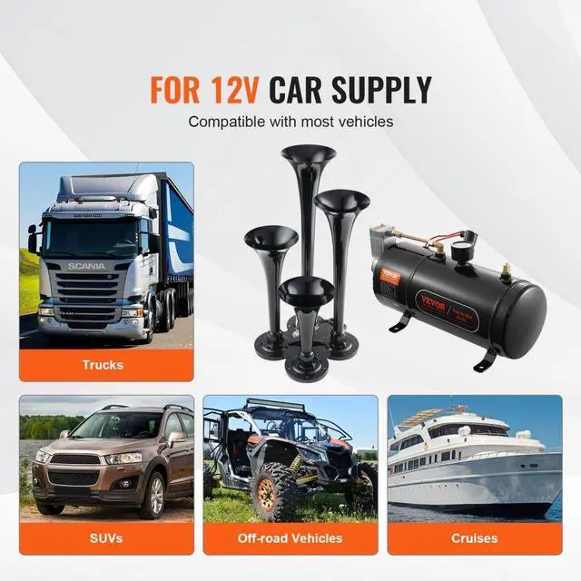 Alt view image 6 of 7 - VEVOR Train Horns Kit, 4 Trumpet Air Horn Kit, 150dB Train Horns for Pickup Trucks, 12V 120 psi Air Compressor 0.8 Gal/3 L Tank with Gauge for Any 12V Vehicle Car Truck Train Van Boat