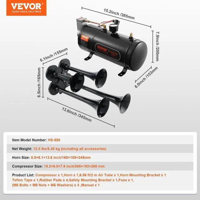 Alt view image 7 of 7 - VEVOR Train Horns Kit, 4 Trumpet Air Horn Kit, 150dB Train Horns for Pickup Trucks, 12V 120 psi Air Compressor 0.8 Gal/3 L Tank with Gauge for Any 12V Vehicle Car Truck Train Van Boat