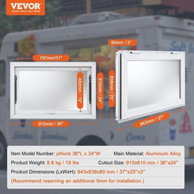 Alt view image 7 of 7 - VEVOR Concession Window 36"x24", Aluminum Alloy Food Truck Service Window with Awning Door & Drag Hook, Up to 85 Degrees Stand Serving Window for Food Trucks Concession Trailers, Glass Not Included