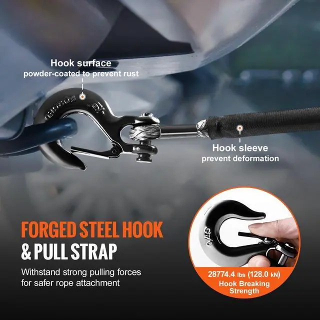 Alt view image 3 of 7 - VEVOR Synthetic Winch Rope, 1/2 Inch x 92 Feet 32,000 lbs Synthetic Winch Line Cable Rope with Protective Sleeve + Forged Winch Hook + Pull Strap, Universal Fit for SUV, Large Off-Road Vehicle, Truck