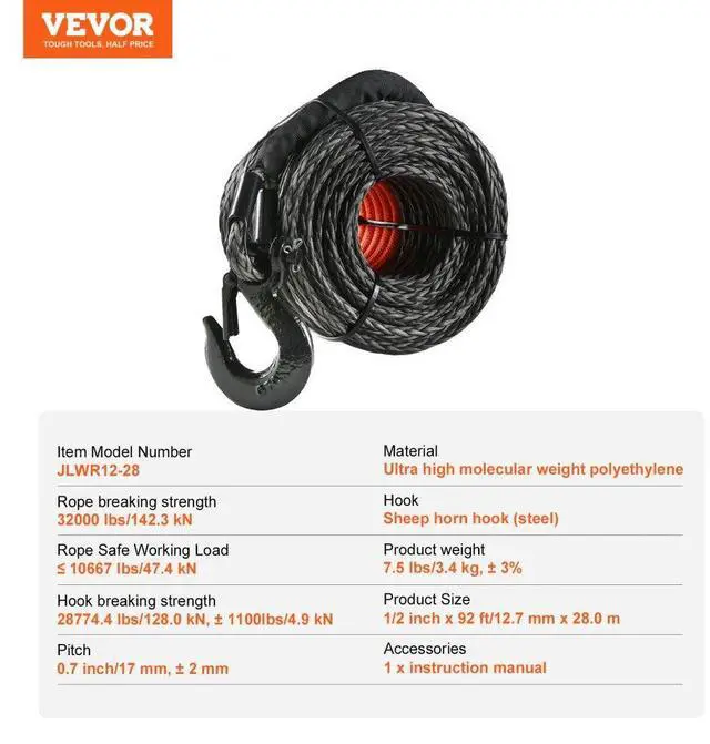 Alt view image 7 of 7 - VEVOR Synthetic Winch Rope, 1/2 Inch x 92 Feet 32,000 lbs Synthetic Winch Line Cable Rope with Protective Sleeve + Forged Winch Hook + Pull Strap, Universal Fit for SUV, Large Off-Road Vehicle, Truck