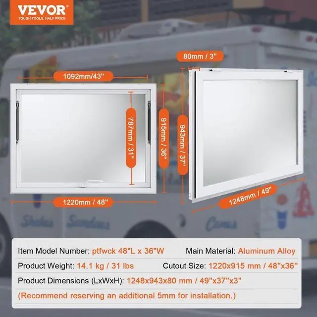 Alt view image 7 of 7 - VEVOR Concession Window 48"x36", Aluminum Alloy Food Truck Service Window with Awning Door & Drag Hook, Up to 85 Degrees Stand Serving Window for Food Trucks Concession Trailers, Glass Not Included