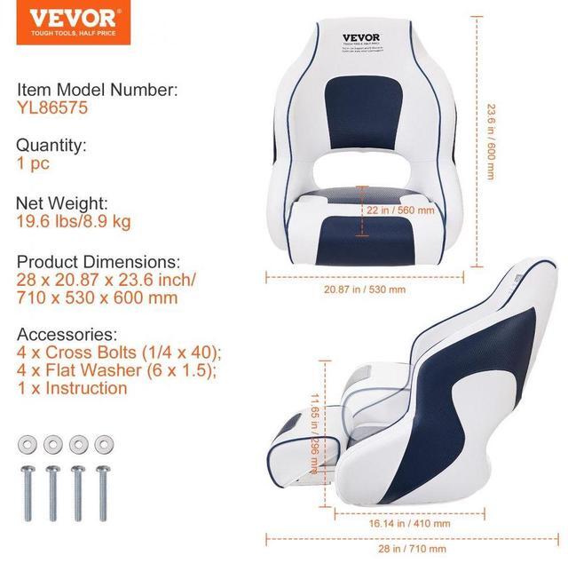 Alt view image 7 of 7 - VEVOR Captain Bucket Seat Boat Seat, Flip Up Boat Seat, with Thickened Sponge Padding, Flip-up Bolster Boat Captain Chair for Fishing Boat, Sightseeing Boat, Speedboat, Canoe, 1-Piece