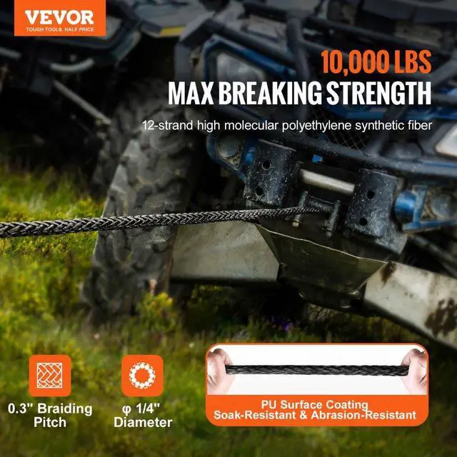 Alt view image 2 of 7 - VEVOR Synthetic Winch Rope, 1/4 Inch x 50 Feet 10,000 lbs Synthetic Winch Line Cable Rope with Protective Sleeve + Stopper + Forged Winch Hook + Pull Strap, Fit for ATV, UTV, Small Vehicle, Pickup