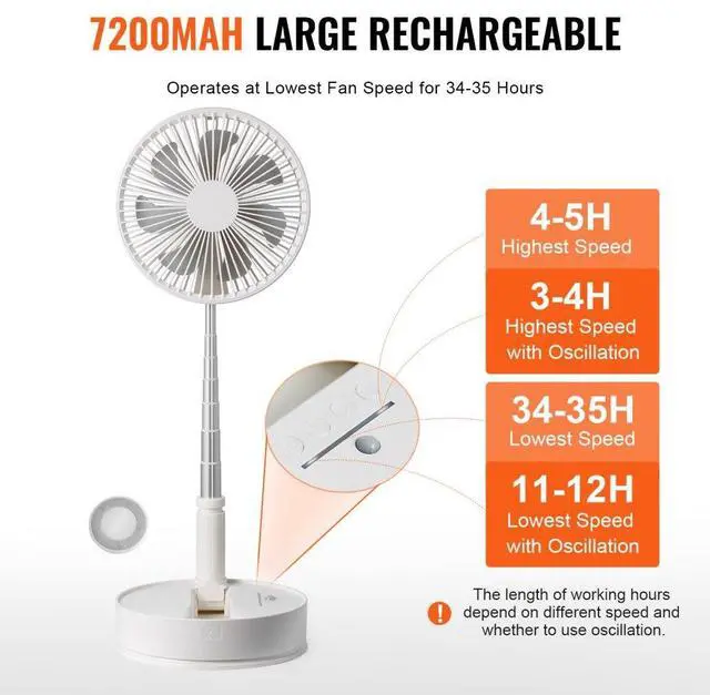 Alt view image 4 of 10 - VEVOR 8 Inch Foldable Oscillating Standing Fan with Remote Control, 4 Speed Adjustable Portable Desk Quiet Fan, 7200mah Rechargeable USB Small Fan, Folded Rotating Floor Fan for Bedroom Office Travel