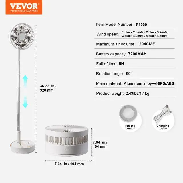 Alt view image 7 of 10 - VEVOR 8 Inch Foldable Oscillating Standing Fan with Remote Control, 4 Speed Adjustable Portable Desk Quiet Fan, 7200mah Rechargeable USB Small Fan, Folded Rotating Floor Fan for Bedroom Office Travel
