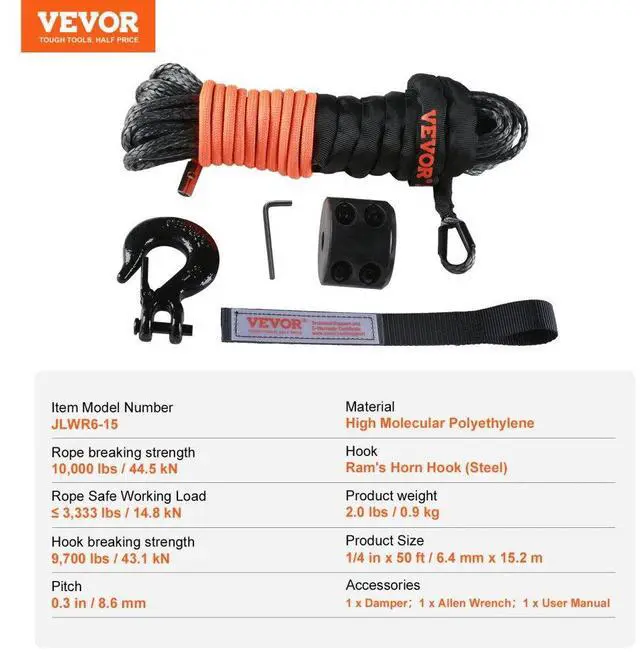 Alt view image 7 of 7 - VEVOR Synthetic Winch Rope, 1/4 Inch x 50 Feet 10,000 lbs Synthetic Winch Line Cable Rope with Protective Sleeve + Stopper + Forged Winch Hook + Pull Strap, Fit for ATV, UTV, Small Vehicle, Pickup