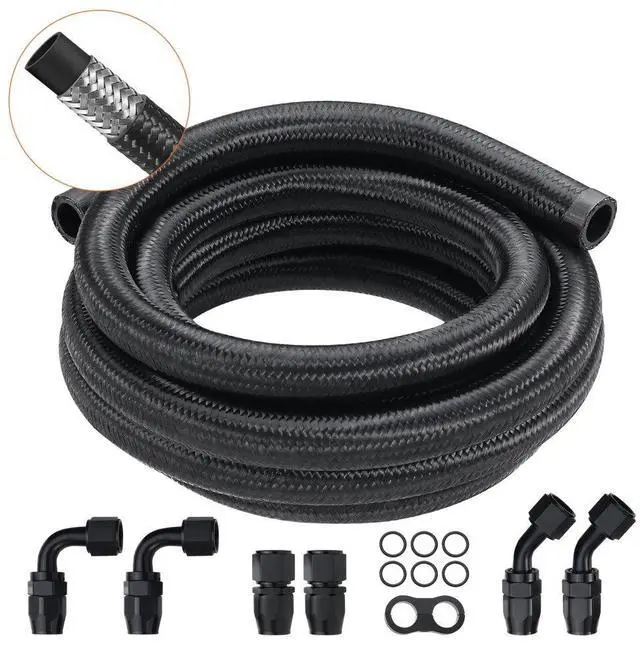 Main image of VEVOR 10AN Fuel Line Kit, 10 FT Fuel Hose Kit, 0.55" Nylon Stainless Steel Braided Fuel Line Oil/Gas/Diesel Hose End Fitting Kit, with 7 PCS Swivel Fitting Adapter Kit, Black