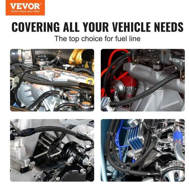 Alt view image 2 of 14 - VEVOR 10AN Fuel Line Kit, 10 FT Fuel Hose Kit, 0.55" Nylon Stainless Steel Braided Fuel Line Oil/Gas/Diesel Hose End Fitting Kit, with 7 PCS Swivel Fitting Adapter Kit, Black