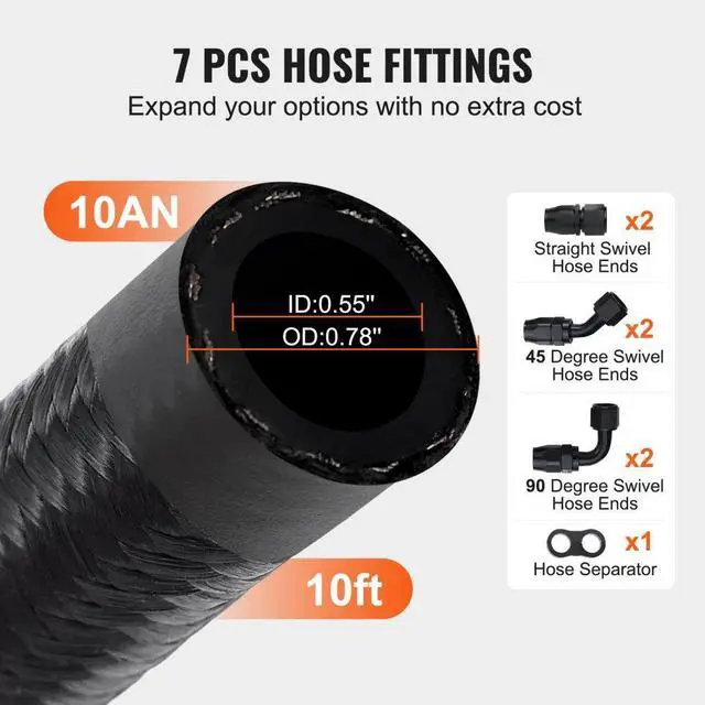 Alt view image 5 of 14 - VEVOR 10AN Fuel Line Kit, 10 FT Fuel Hose Kit, 0.55" Nylon Stainless Steel Braided Fuel Line Oil/Gas/Diesel Hose End Fitting Kit, with 7 PCS Swivel Fitting Adapter Kit, Black