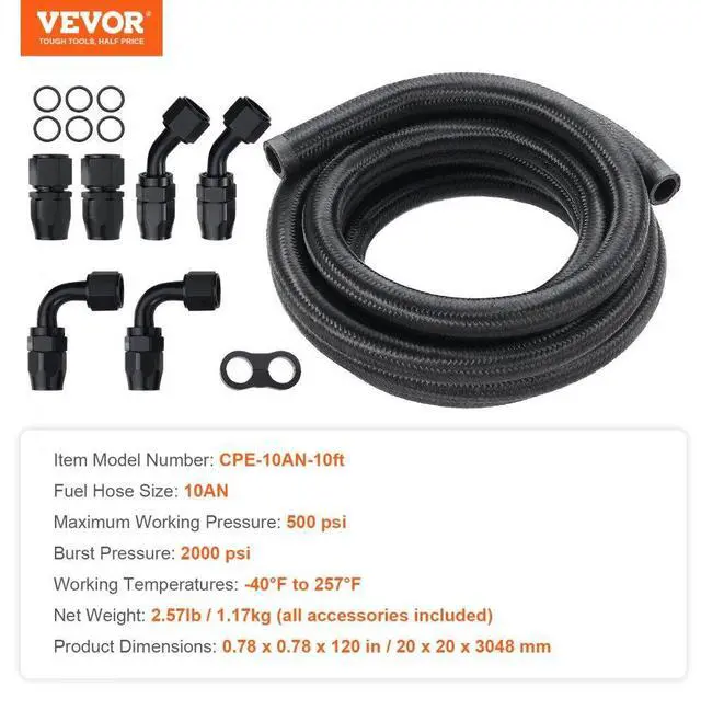 Alt view image 7 of 14 - VEVOR 10AN Fuel Line Kit, 10 FT Fuel Hose Kit, 0.55" Nylon Stainless Steel Braided Fuel Line Oil/Gas/Diesel Hose End Fitting Kit, with 7 PCS Swivel Fitting Adapter Kit, Black