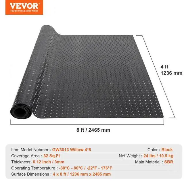 Alt view image 7 of 7 - VEVOR Diamond-Plate Rubber Flooring Roll, 3 mm x 4 ft x 8 ft Garage Floor Mat, SBR Rubber Garage Flooring Roll, Easy to Clean, Diamond Plate Rubber Mat for Under Cars, Garage Industry Gym, Black