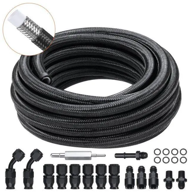Main image of VEVOR 6AN Fuel Line Kit, 25 FT Fuel Hose Kit, 5/16" Nylon Stainless Steel Braided PTFE Fuel Line Kit, E85/Oil/Gas/Diesel Hose End Fitting Kit, with 15 PCS Swivel Fitting Adapter Kit, Black