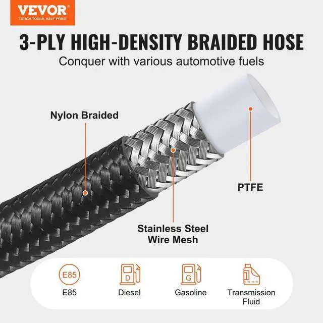 Alt view image 2 of 7 - VEVOR 6AN Fuel Line Kit, 25 FT Fuel Hose Kit, 5/16" Nylon Stainless Steel Braided PTFE Fuel Line Kit, E85/Oil/Gas/Diesel Hose End Fitting Kit, with 15 PCS Swivel Fitting Adapter Kit, Black