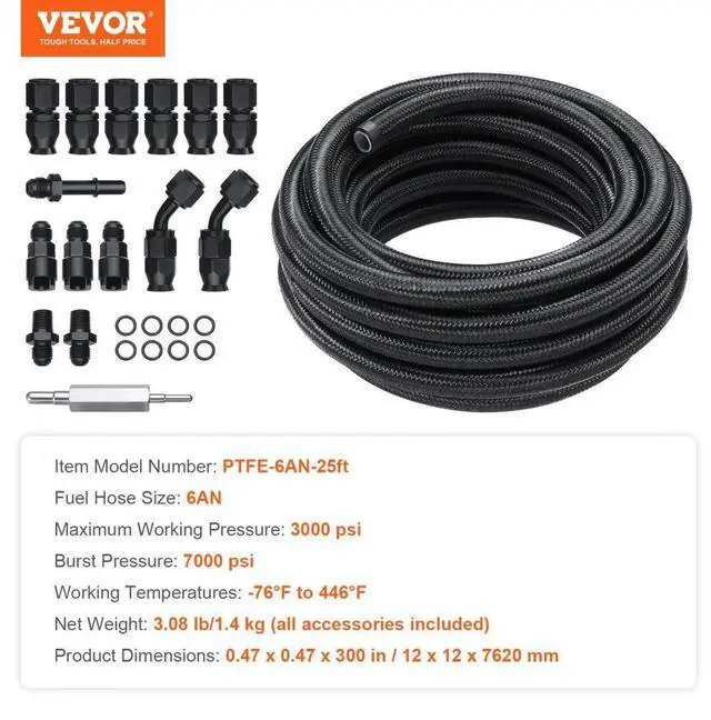 Alt view image 7 of 7 - VEVOR 6AN Fuel Line Kit, 25 FT Fuel Hose Kit, 5/16" Nylon Stainless Steel Braided PTFE Fuel Line Kit, E85/Oil/Gas/Diesel Hose End Fitting Kit, with 15 PCS Swivel Fitting Adapter Kit, Black