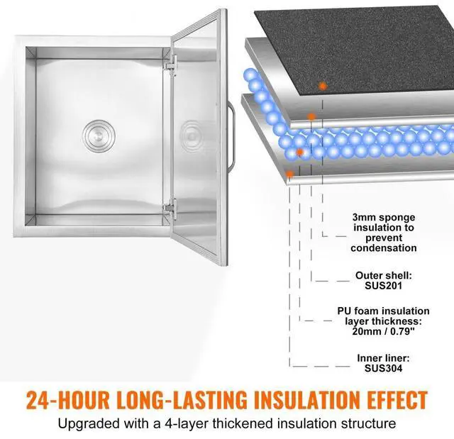 Alt view image 3 of 7 - VEVOR Drop in Ice Chest, 28"L x 16"W x 17"H Stainless Steel Ice Cooler, Commercial Ice Bin with Hinged Cover, 40 qt Outdoor Kitchen Ice Bar, Drain-pipe and Drain Plug Included, for Cold Wine Beer
