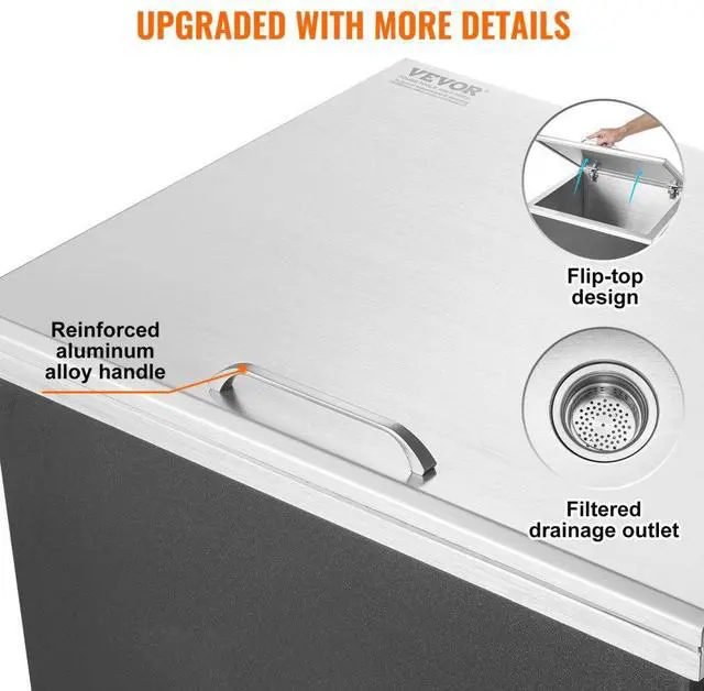 Alt view image 5 of 7 - VEVOR Drop in Ice Chest, 28"L x 16"W x 17"H Stainless Steel Ice Cooler, Commercial Ice Bin with Hinged Cover, 40 qt Outdoor Kitchen Ice Bar, Drain-pipe and Drain Plug Included, for Cold Wine Beer