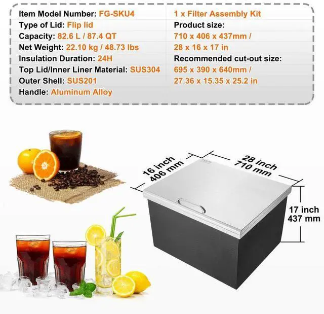 Alt view image 7 of 7 - VEVOR Drop in Ice Chest, 28"L x 16"W x 17"H Stainless Steel Ice Cooler, Commercial Ice Bin with Hinged Cover, 40 qt Outdoor Kitchen Ice Bar, Drain-pipe and Drain Plug Included, for Cold Wine Beer