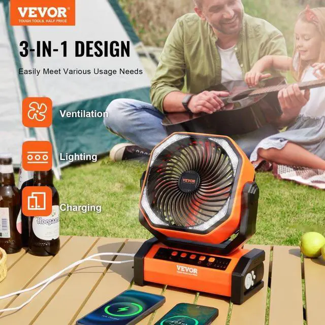 Alt view image 2 of 14 - VEVOR Portable Fan Rechargeable 9 inch, Battery Powered Fan with LED Lantern, 4 Speeds Adjustable & 45°/90°Automatic Swivel & Timer , USB Battery Operated Fans for Travel Bedroom Home Camping Office